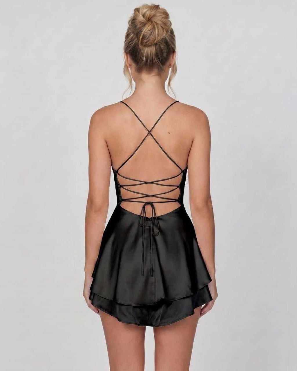 Satin Mini Dress by Lauven — satin sleeveless cowl neck slip mini dress