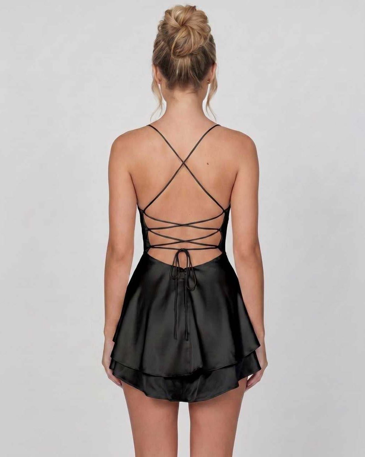 Satin Mini Dress by Lauven — satin sleeveless cowl neck slip mini dress