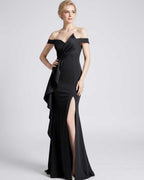 Veloura Maxi Dress by Lauven — polyester spandex off-the-shoulder mermaid maxi dress with slit