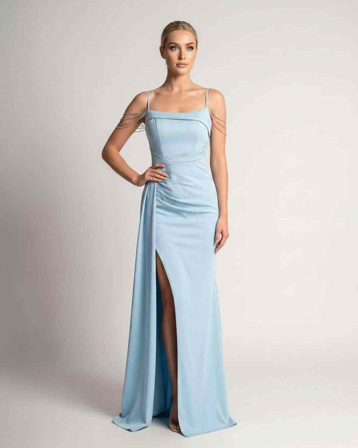 Celestia Maxi Dress by Lauven — polyester spaghetti strap mermaid maxi dress with beading and split
