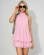 Lunelle Mini Dress by Lauven — polyester sleeveless tie neck loose fit mini dress
