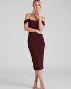 Celeste Midi Dress by Lauven — crepe-lined off-shoulder corset fitted midi dress