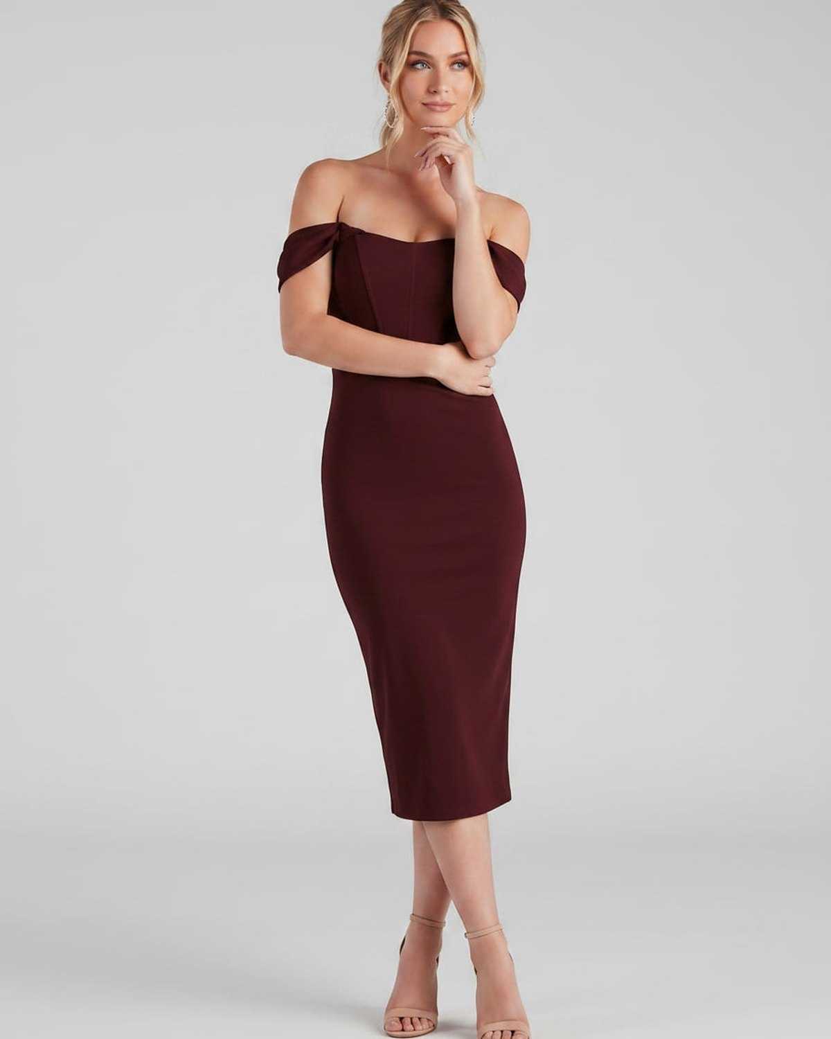 Celeste Midi Dress by Lauven — crepe-lined off-shoulder corset fitted midi dress