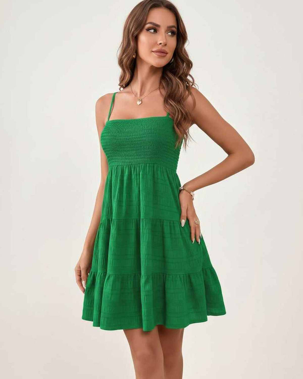 Solara Mini Dress by Lauven — textured sleeveless square neck tiered swing mini dress
