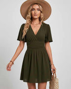 Calista Mini Dress by Lauven — chiffon ruffled short sleeve V-neck A-line mini dress