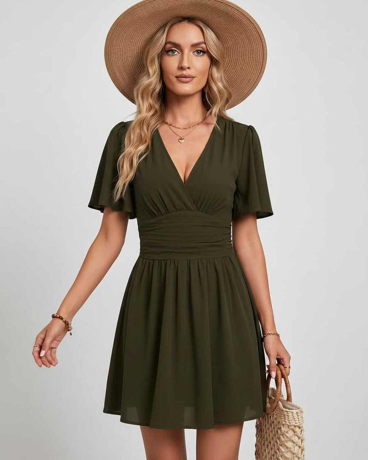 Calista Mini Dress by Lauven — chiffon ruffled short sleeve V-neck A-line mini dress