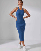 Lunara Midi Dress by Lauven — ribbed knit sleeveless crew neck slim-fit midi dress