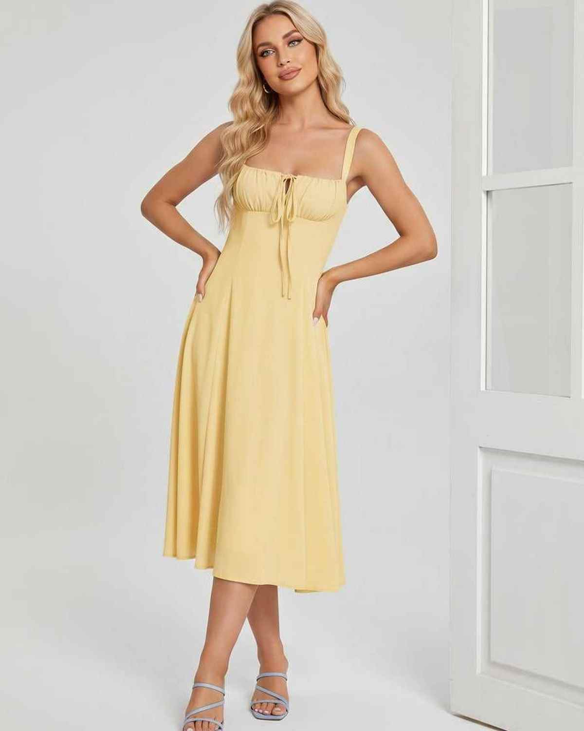 Serelune Midi Dress by Lauven — lightweight sleeveless square neck A-line midi dress