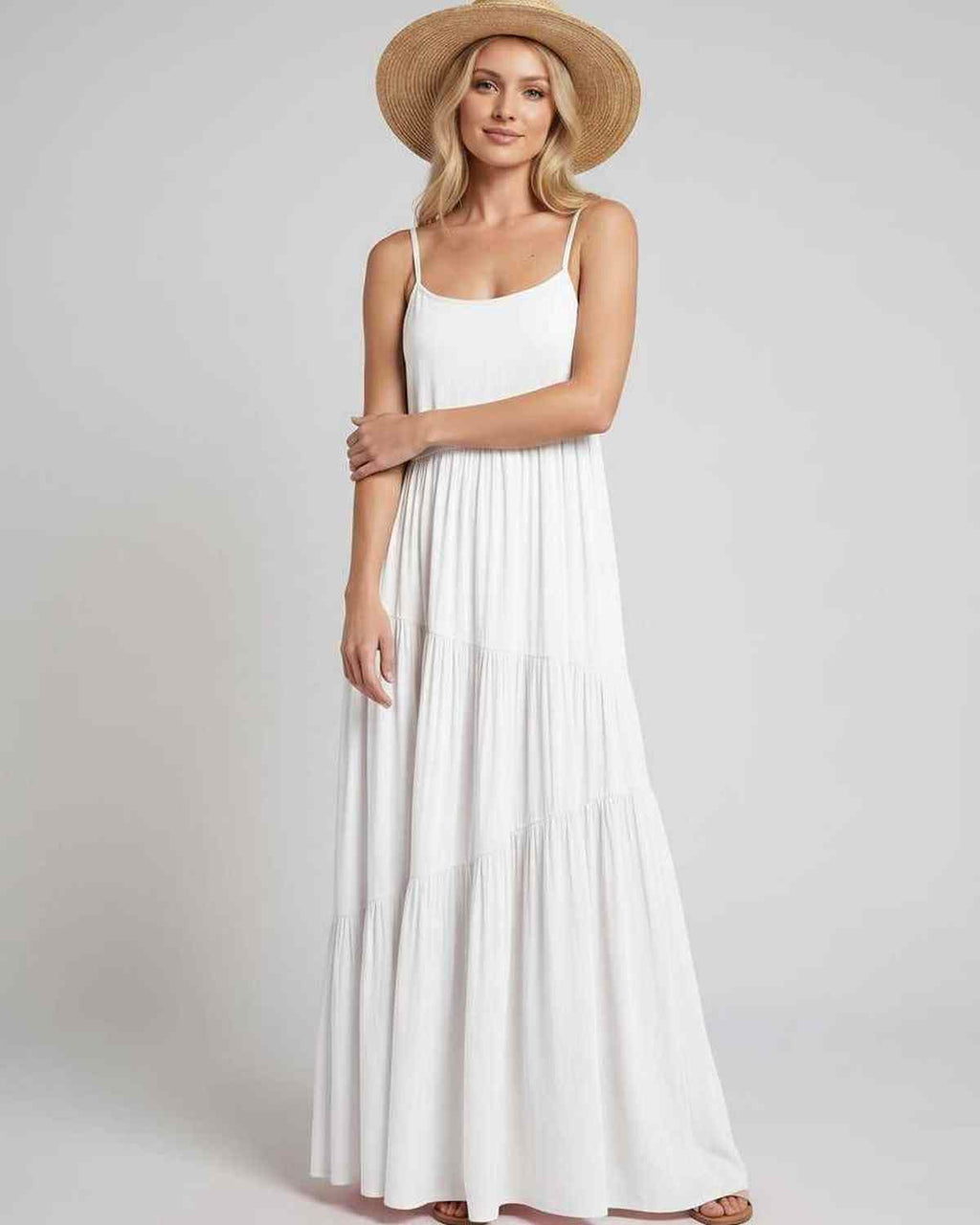 Solenne Maxi Dress by Lauven — rayon blend sleeveless scoop neck tiered A-line maxi dress