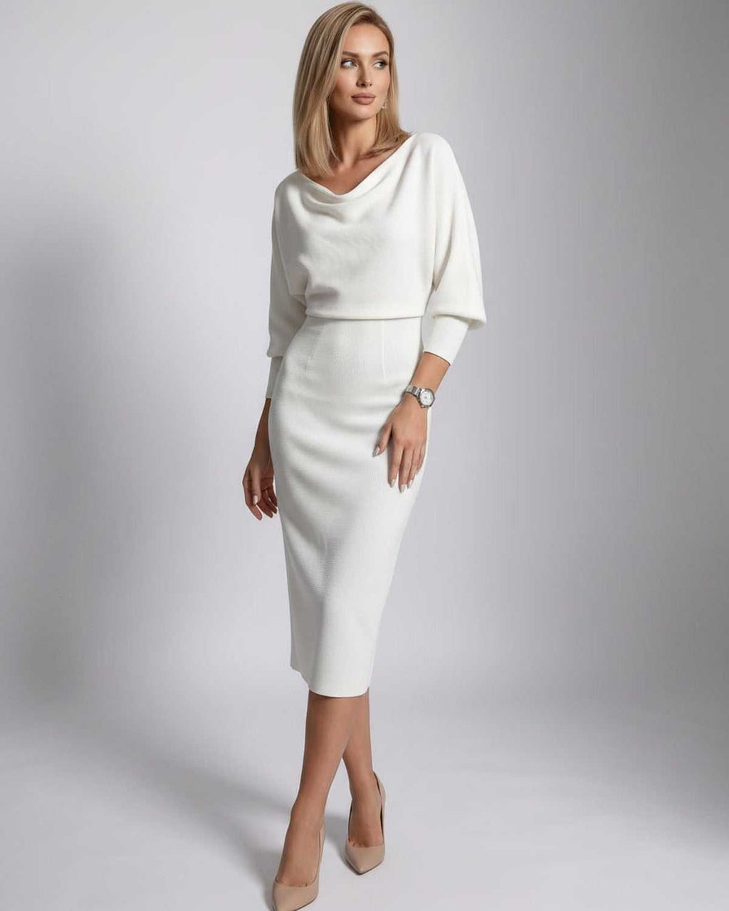 Serene Midi Dress by Lauven — knit batwing sleeve cowl neck fitted midi dress