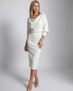 Serene Midi Dress by Lauven — knit batwing sleeve cowl neck fitted midi dress