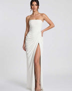Seraphine Maxi Dress by Lauven — chiffon strapless pleated high slit maxi dress