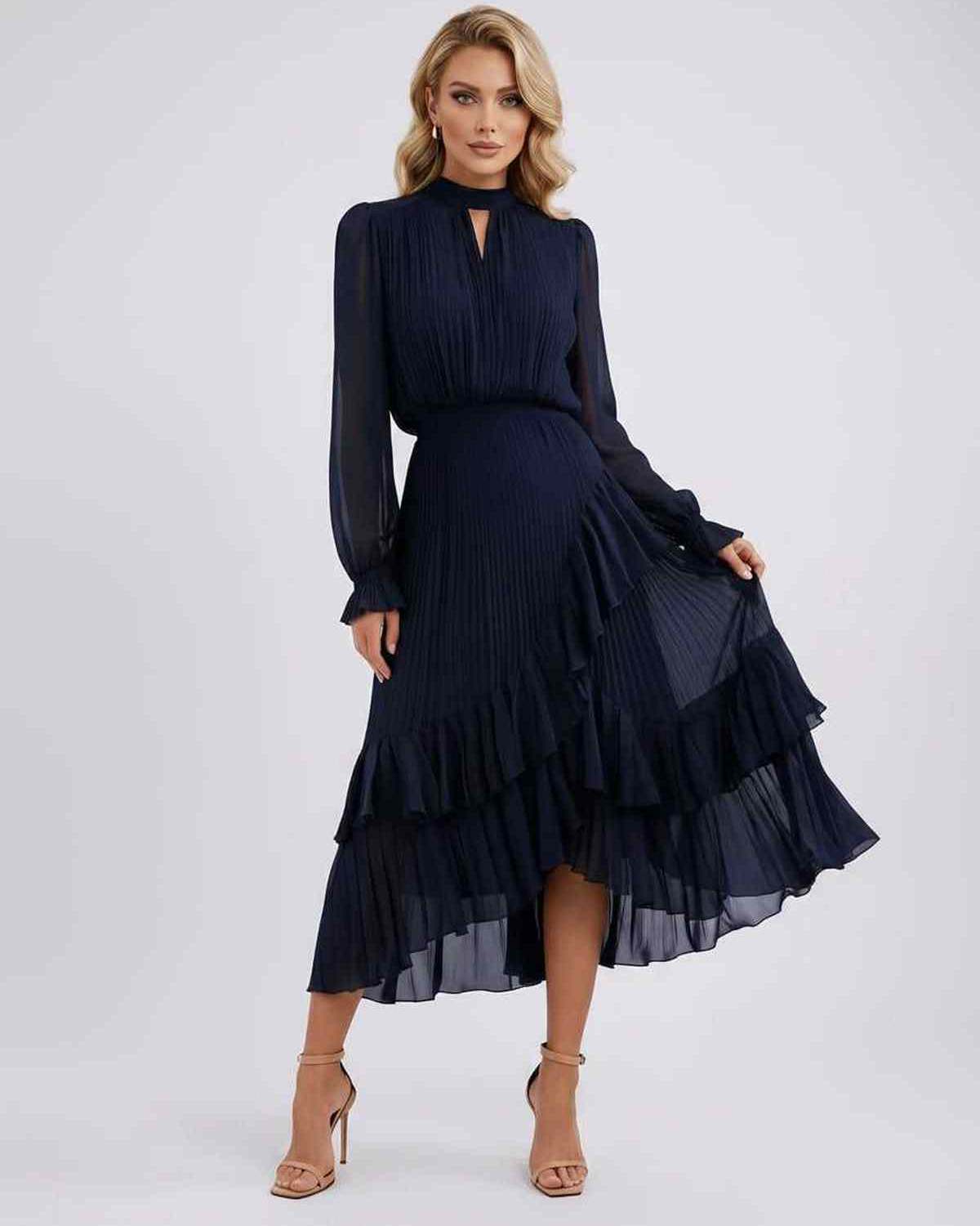 Celestia Maxi Dress by Lauven — chiffon long sleeve high neck A-line maxi dress