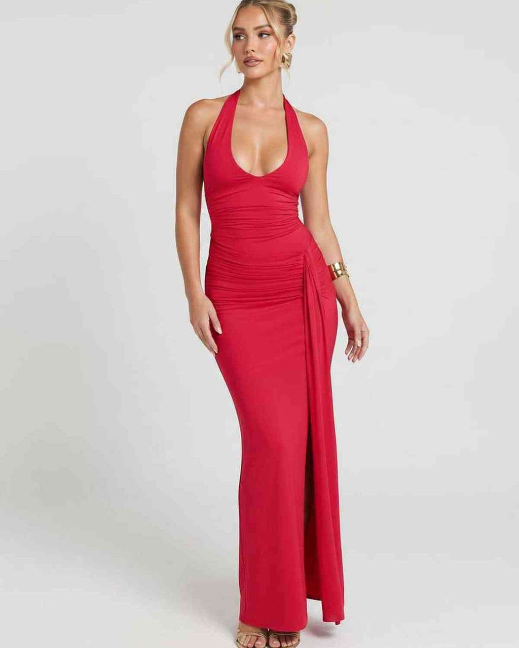 Solvienne Maxi Dress by Lauven — stretch sleeveless deep V-neck ruched maxi dress