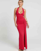 Solvienne Maxi Dress by Lauven — stretch sleeveless deep V-neck ruched maxi dress