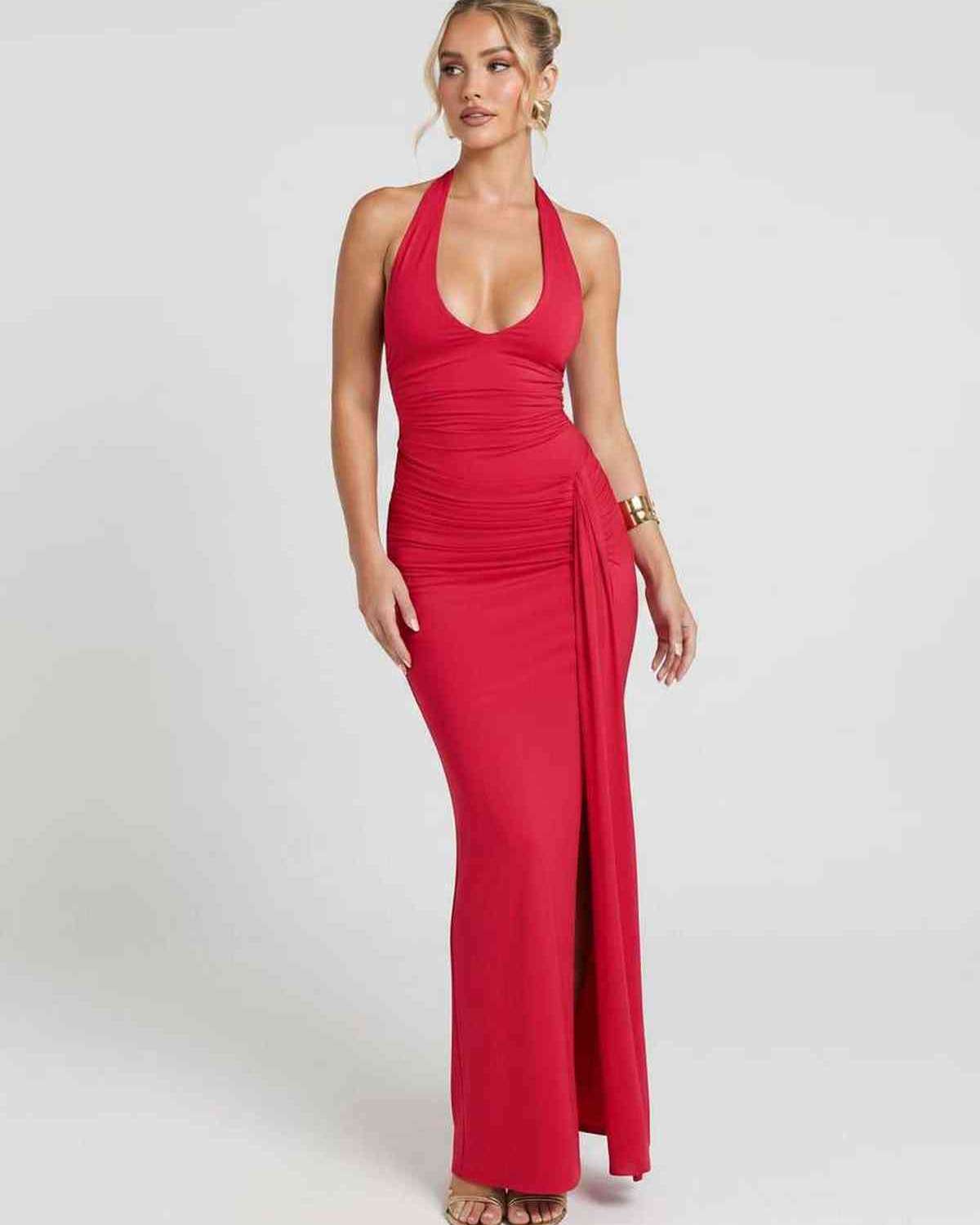 Solvienne Maxi Dress by Lauven — stretch sleeveless deep V-neck ruched maxi dress