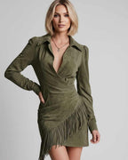 Veloura Mini Dress by Lauven — suede leather long sleeve turn-down collar ruched mini dress