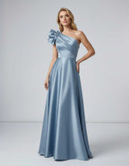 Aurevina Maxi Dress by Lauven — satin one shoulder A-line maxi dress with ruffle detail