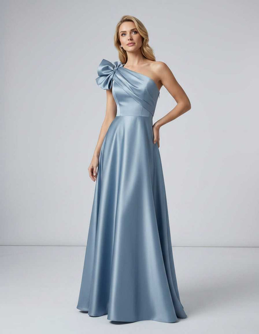 Aurevina Maxi Dress by Lauven — satin one shoulder A-line maxi dress with ruffle detail