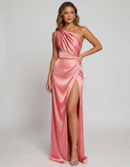 Veloura Maxi Dress by Lauven — satin one-shoulder mermaid maxi dress with slit