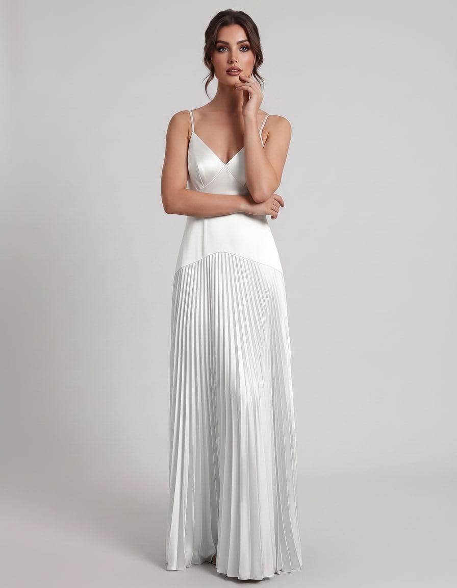 Veloura Maxi Dress by Lauven — satin spaghetti strap V-neck A-line maxi dress