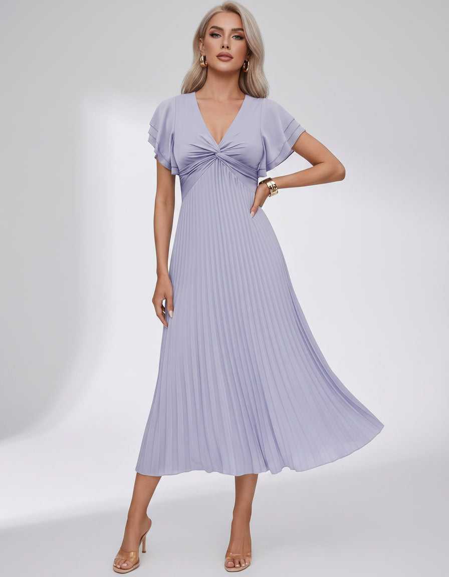 Veloura Midi Dress by Lauven — pleated chiffon flutter sleeve V-neck A-line midi dress