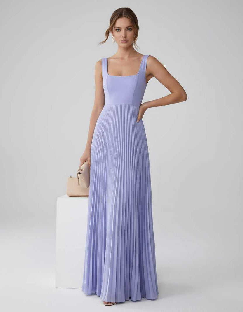 Veloura Maxi Dress by Lauven — satin chiffon sleeveless square neck pleated A-line maxi dress