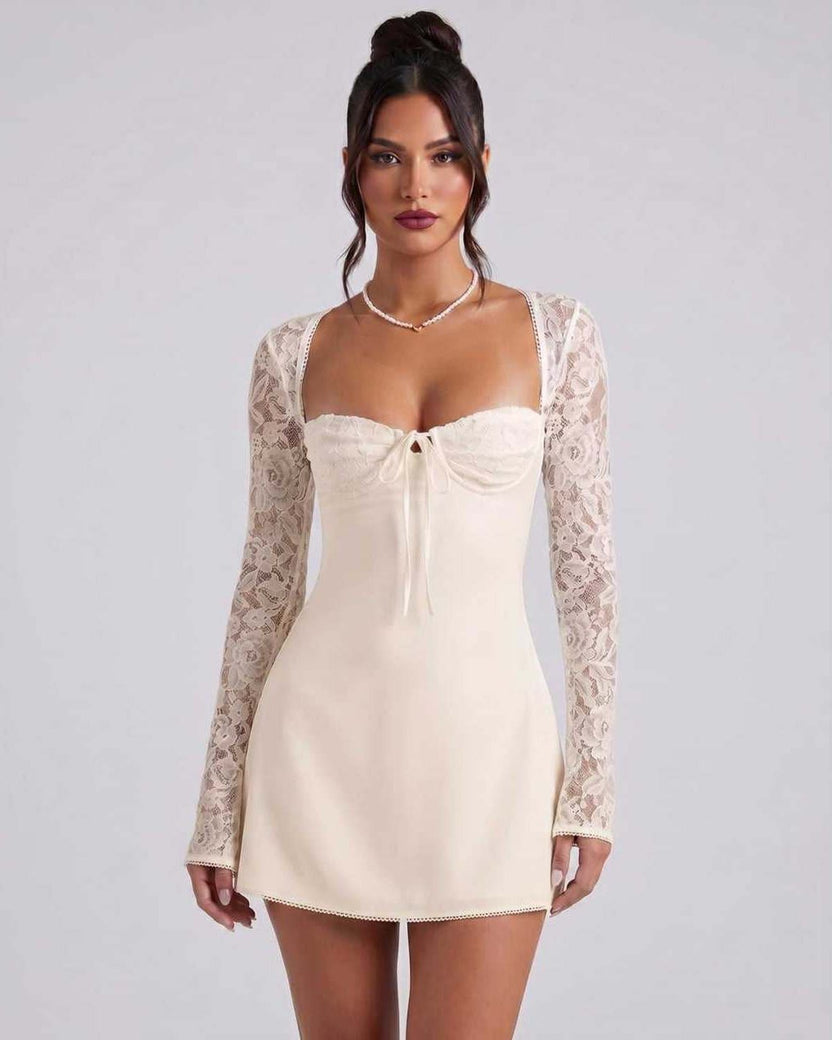 Noiré Mini Dress by Lauven — beige stretch long sleeve square neck fitted mini dress with lace sleeves
