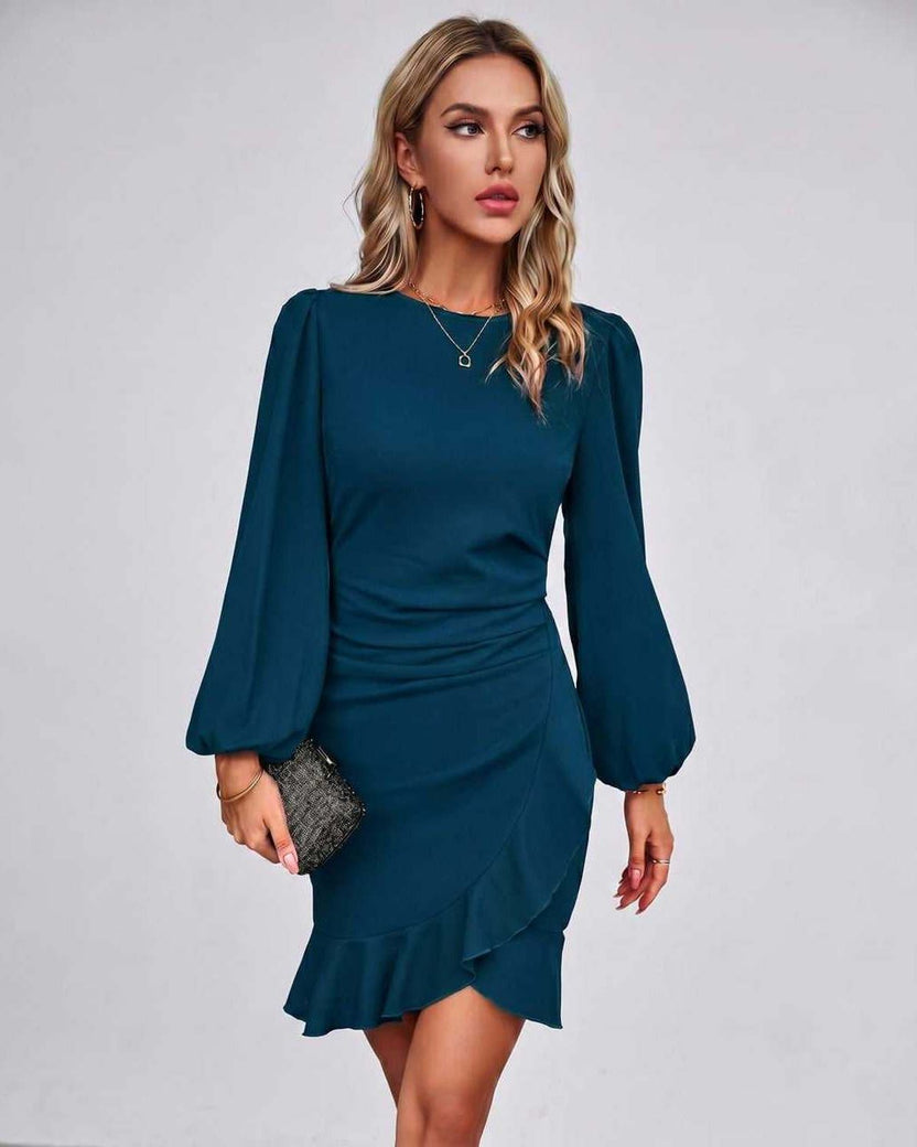Virelle Mini Dress by Lauven — blue long sleeve round neck fitted mini dress with ruffle hem