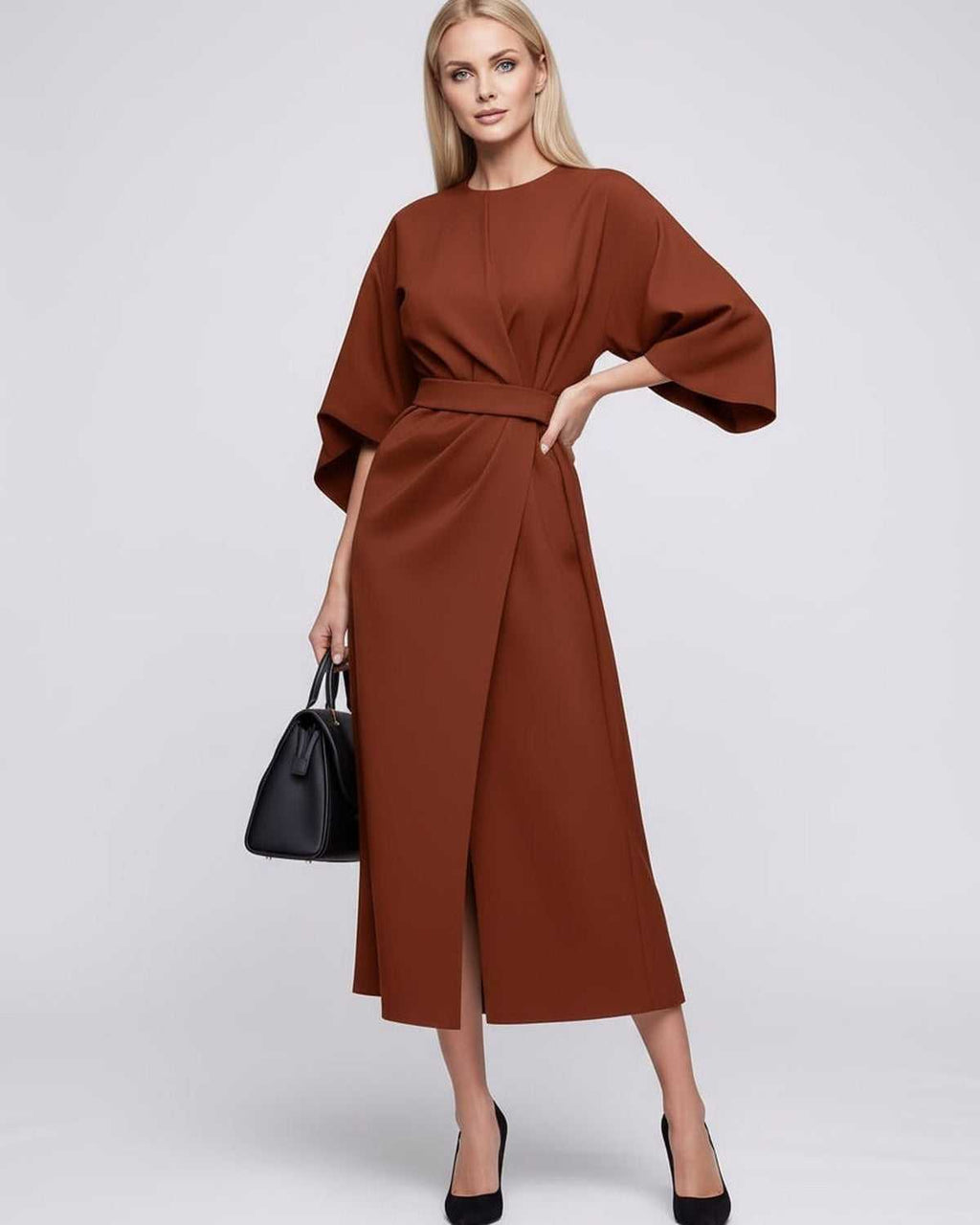 Celest Midi Dress by Lauven — breathable fabric lantern sleeve crew neck belted wrap midi dress
