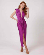 Aurelle Maxi Dress by Lauven — lightweight sleeveless deep v neck fitted maxi dress with pleats and slit