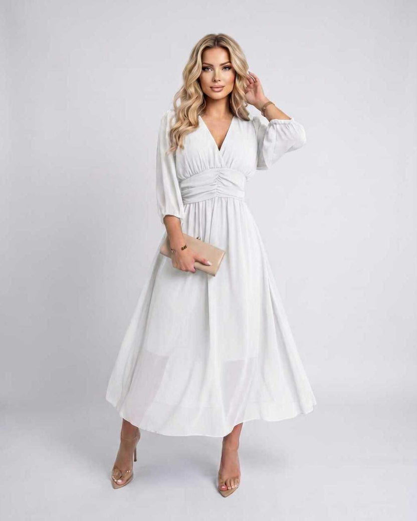 Veloura Midi Dress by Lauven — white lightweight chiffon three quarter sleeve v neck A-line midi dress