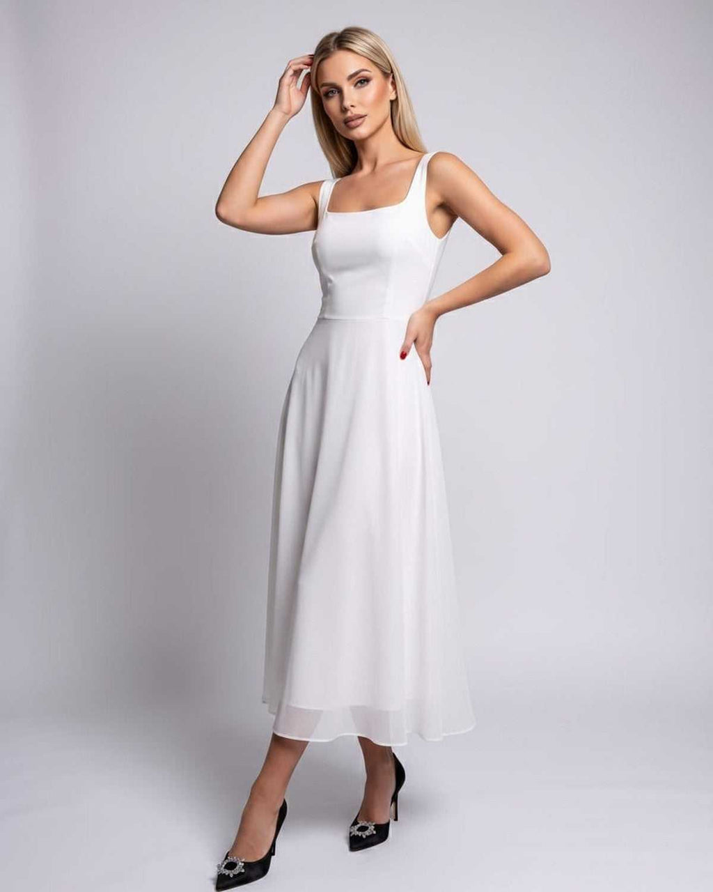 Lunara Midi Dress by Lauven — lightweight chiffon sleeveless square neck A-line midi dress