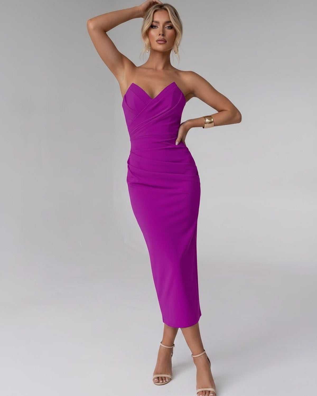 Serelle Midi Dress by Lauven — smooth stretch strapless sweetheart neck fitted midi dress