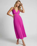 Lunara Midi Dress by Lauven — satin sleeveless V-neck flowing pleated midi dress