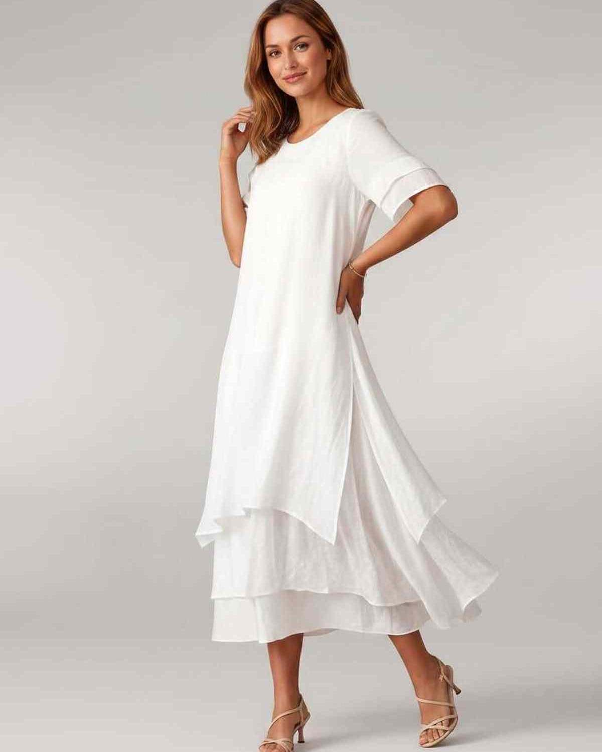 Aurelia Midi Dress by Lauven — lightweight short sleeve round neck layered midi dress