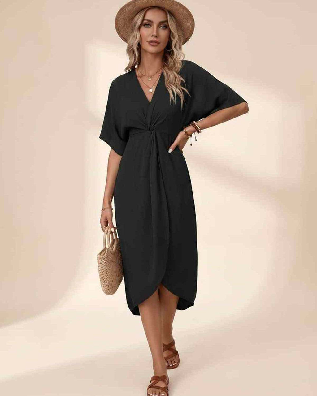 Elara Midi Dress by Lauven — premium short sleeve V-neck wrap style midi dress