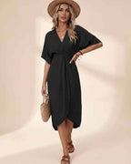 Elara Midi Dress by Lauven — premium short sleeve V-neck wrap style midi dress