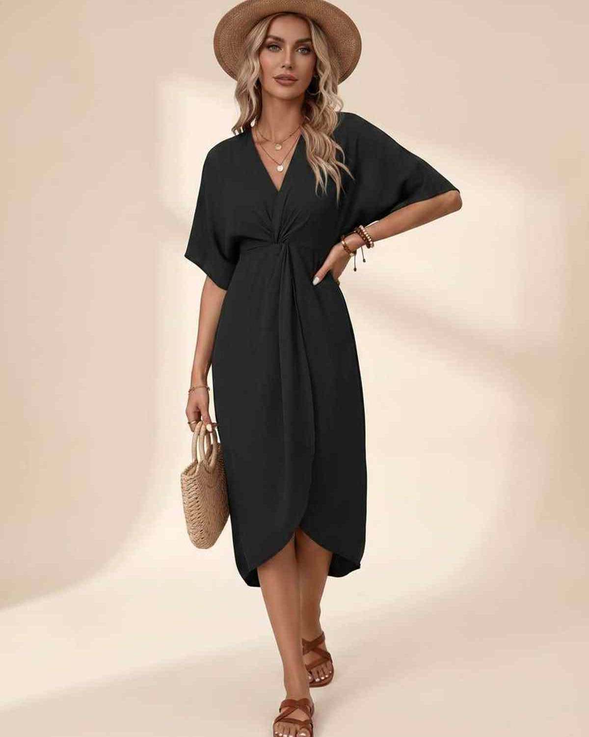 Elara Midi Dress by Lauven — premium short sleeve V-neck wrap style midi dress