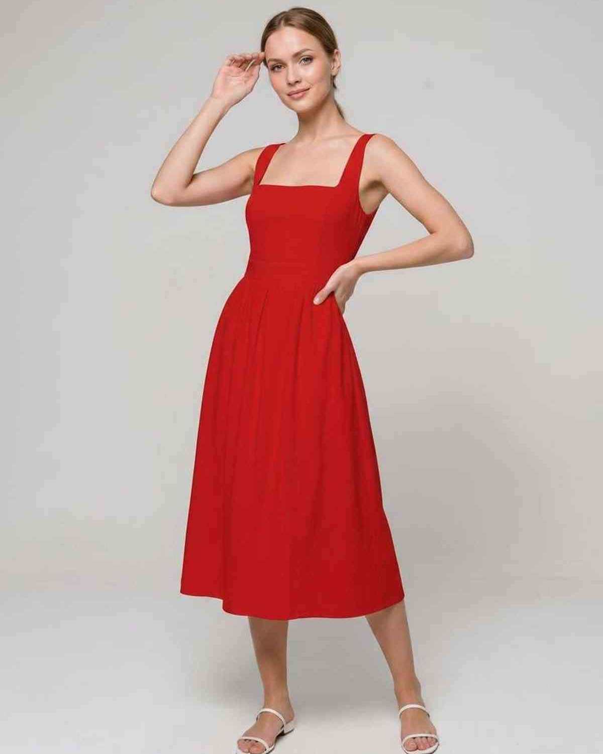 Aveline Midi Dress by Lauven — lightweight sleeveless square neck fit and flare midi dress