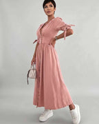 Eloria Midi Dress by Lauven — lightweight mid sleeve V-neck button front fit and flare midi dress