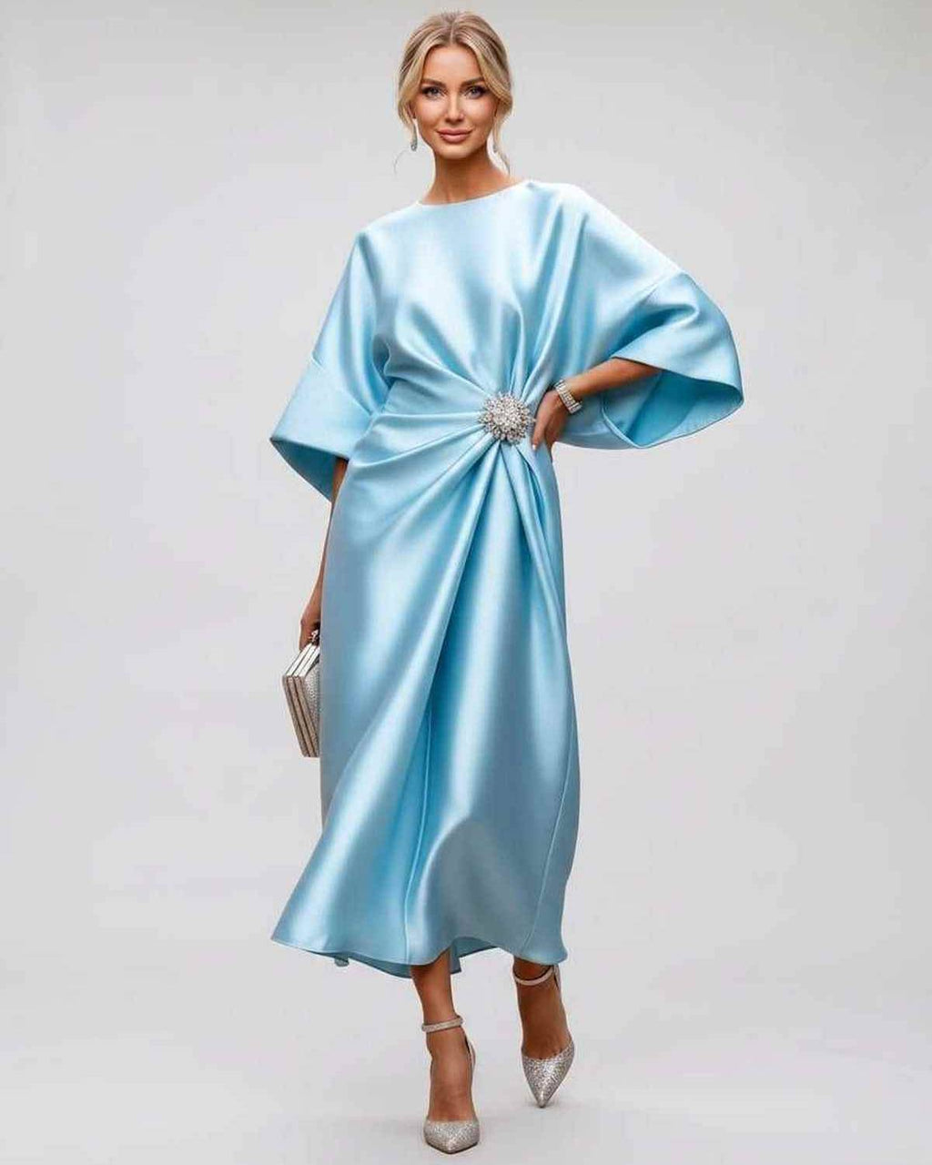 Seralyn Midi Dress by Lauven — satin kimono sleeve boat neck draped midi dress