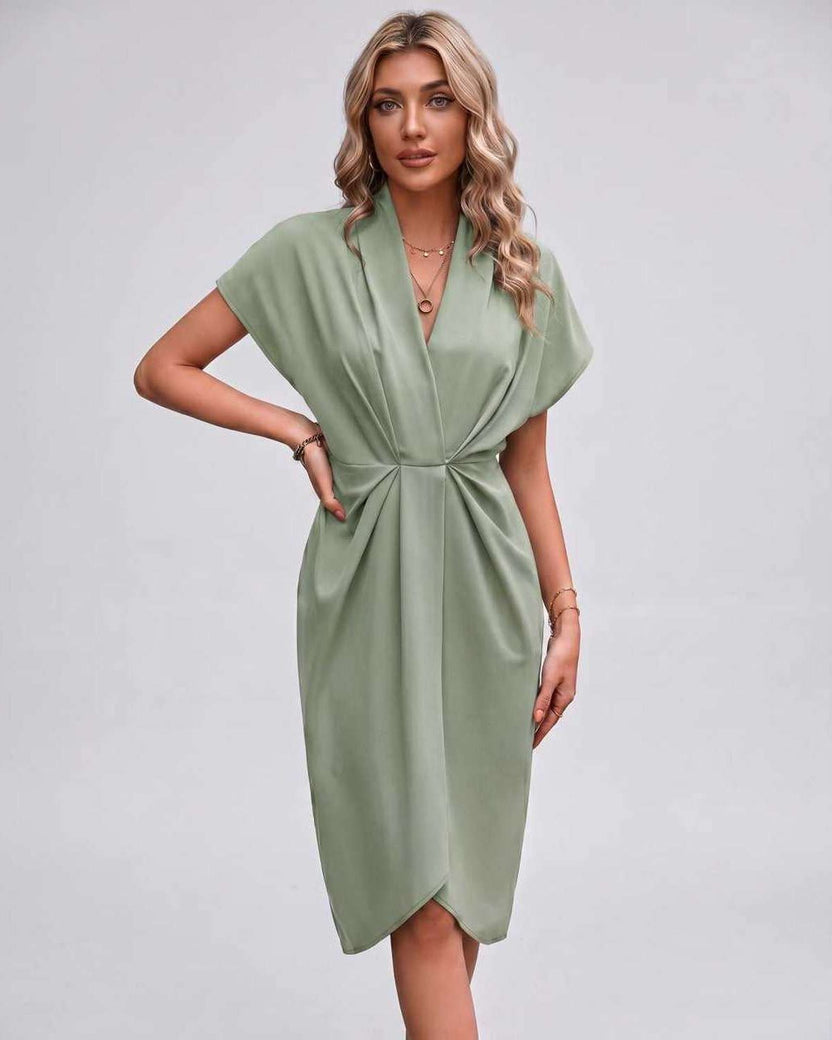 Veloura Midi Dress by Lauven — green satin cap sleeve V-neck draped midi dress