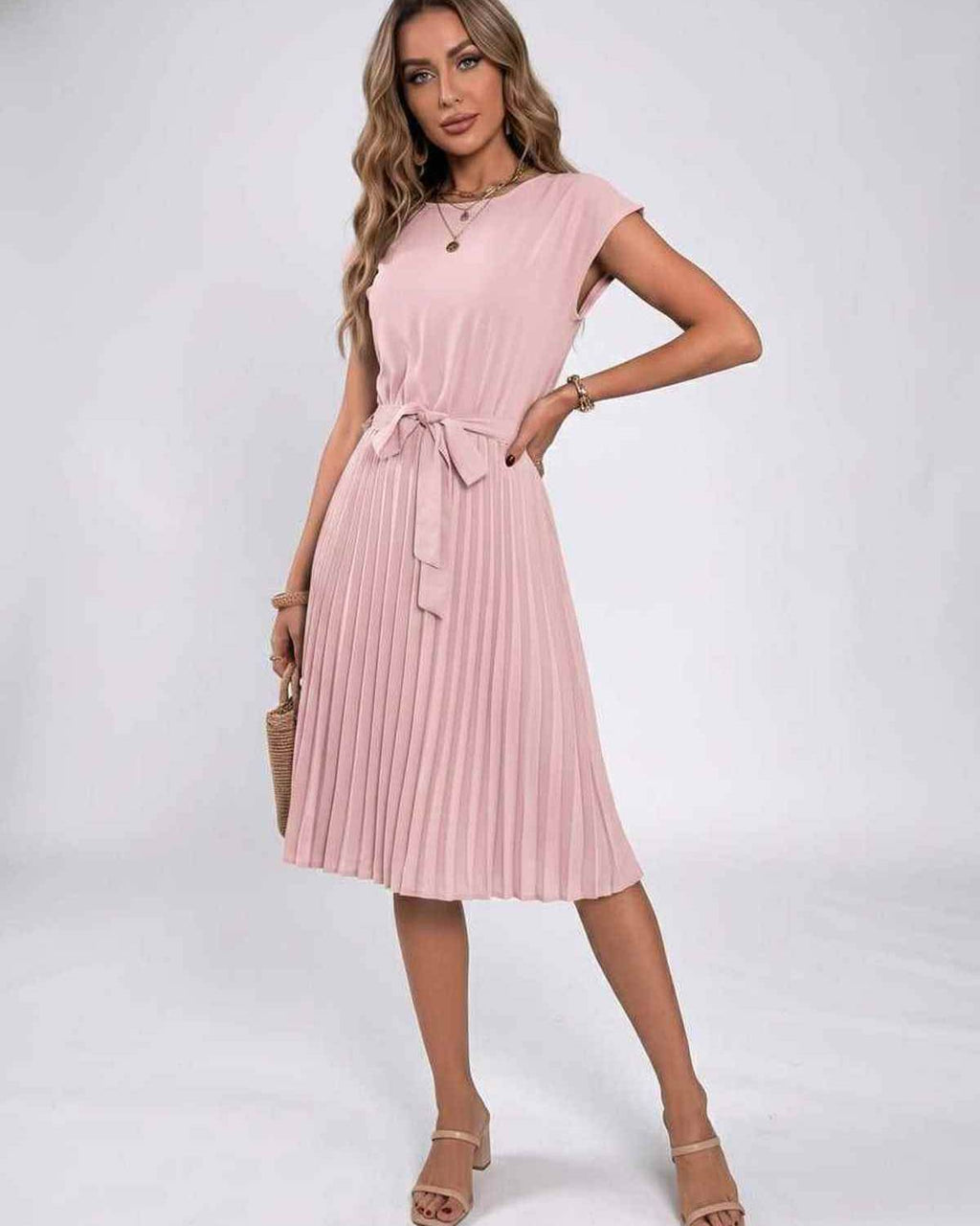 Lunessa Midi Dress by Lauven — pleated chiffon cap sleeve round neck midi dress