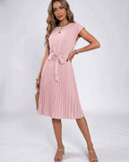 Lunessa Midi Dress by Lauven — pleated chiffon cap sleeve round neck midi dress