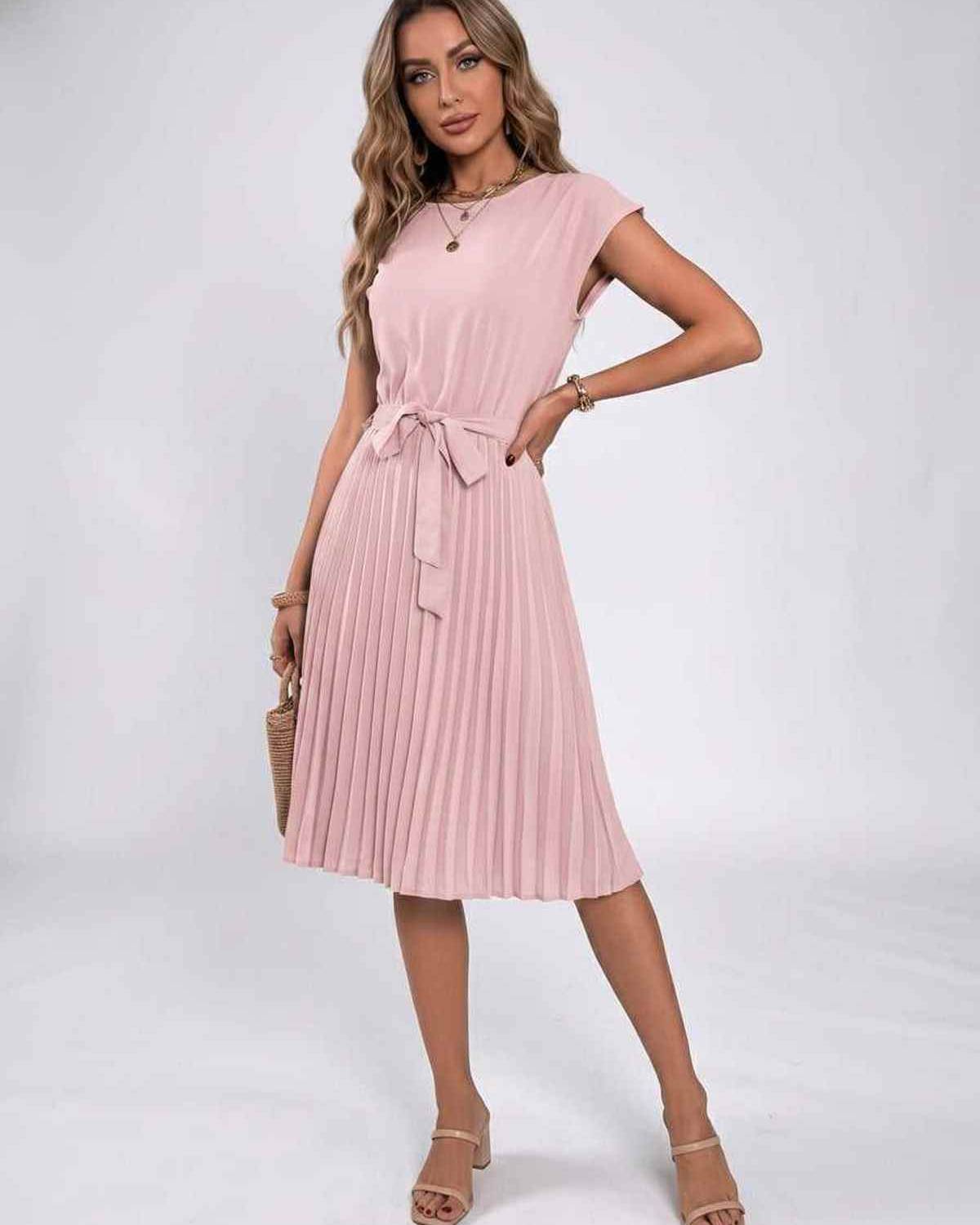 Lunessa Midi Dress by Lauven — pleated chiffon cap sleeve round neck midi dress