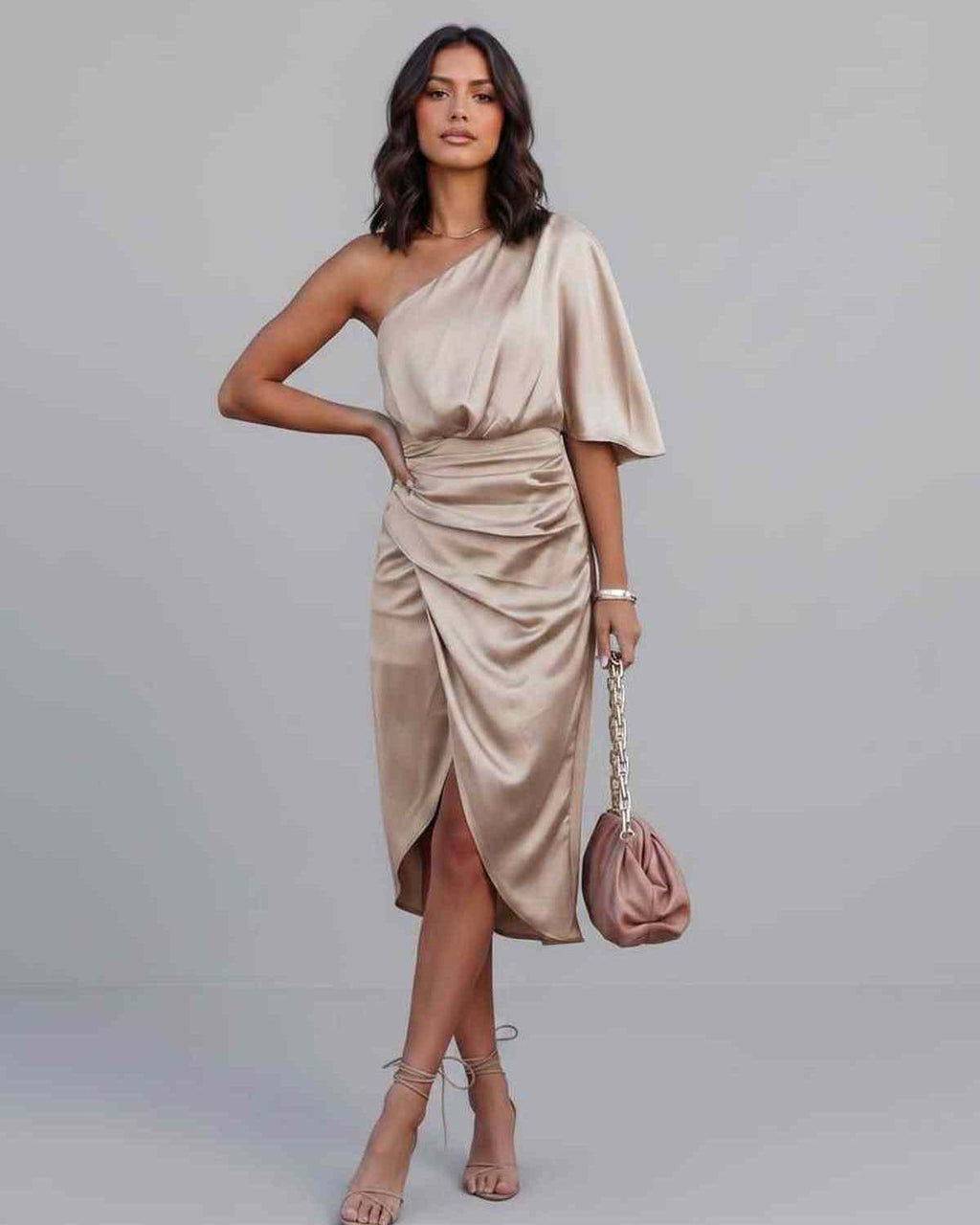 Veloura Midi Dress by Lauven — satin one shoulder draped midi dress with slit