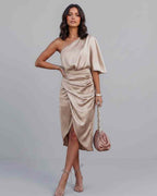 Veloura Midi Dress by Lauven — satin one shoulder draped midi dress with slit