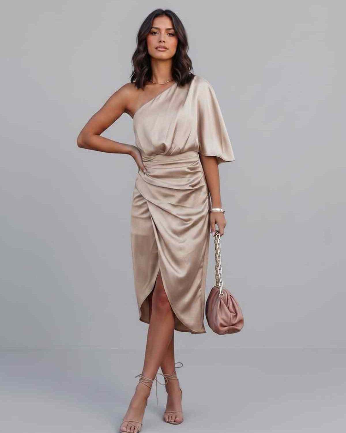 Veloura Midi Dress by Lauven — satin one shoulder draped midi dress with slit
