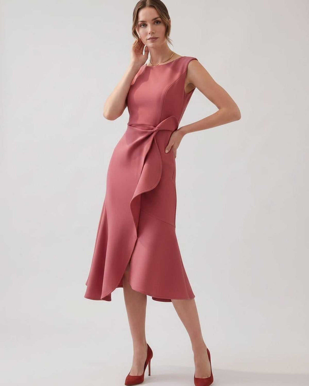 Serelune Midi Dress by Lauven — sleeveless satin midi dress with ruffle detail and fit flare silhouette